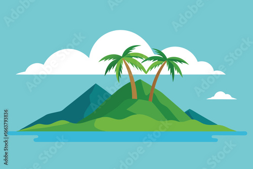 A tropical island with palm trees and mountains under a blue sky with clouds, ideal for vacation, summer, travel, and nature themes