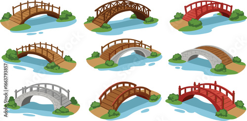 Various decorative garden bridges, wooden and stone designs, over water, small outdoor landscaping elements, charming footbridges, nature scenery, peaceful park, 
