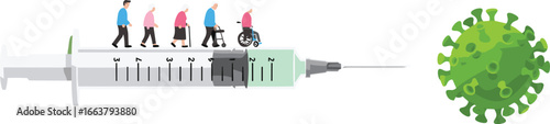Vaccination journey for elderly people, syringe vector with virus symbol, cad drawing flat vector illustration, COVID-19, health, immunity, senior care