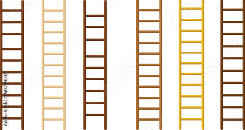 Various wooden ladders, different colors and styles, construction tools, climbing equipment, home improvement