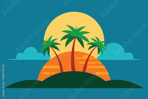 A serene tropical island with palm trees silhouetted against a vibrant sunset, evoking a sense of vacation, travel, and relaxation in a peaceful paradise