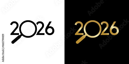 Isolated vector image of 2026 logo with magnifying glass  in monochrome minimalist style, two design options on transparent and black backgrounds