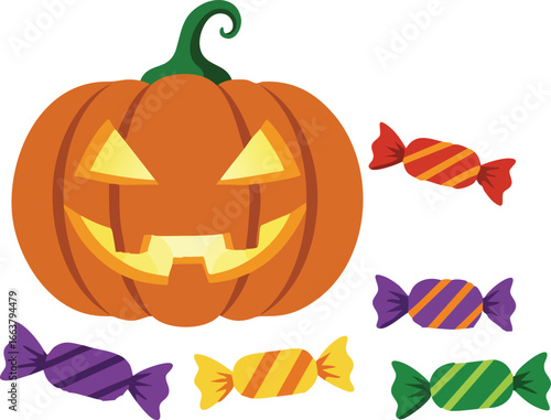 Halloween pumpkin jack o lantern with colorful wrapped candies festive illustration