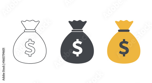 Three money bags with dollar signs in different styles
