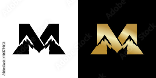 Stylized letter M combined with mountains silhouette, isolated vector image, two design options on transparent and black backgrounds