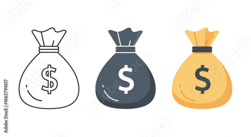 Three money bags with dollar signs in different styles