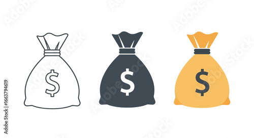 Three money bags with dollar signs in different styles	