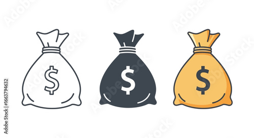 Three money bags with dollar signs in different styles