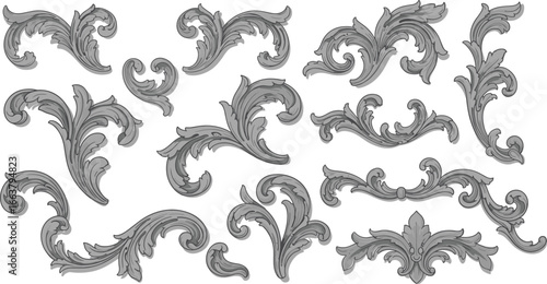 Vintage ornamental floral elements, decorative baroque vector set, antique swirl design, elegant classic flourishes, scroll embellishments, Victorian corner ornaments
