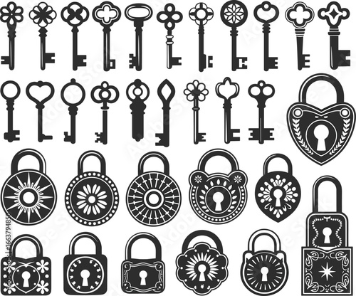 Vintage keys and padlocks black vector, antique keyhole lock design, security symbol illustration, ornate locking mechanism silhouettes, steampunk hardware clipart, retro decorative style