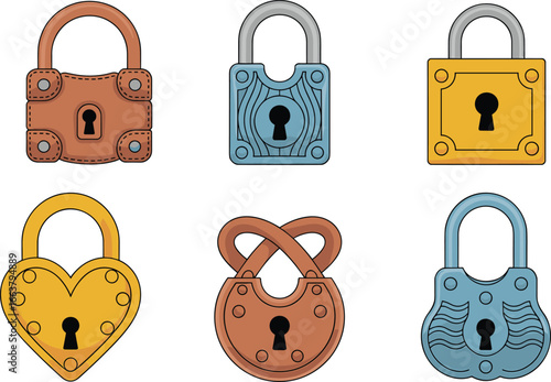 Vintage padlocks collection, colorful antique locks, secure metal lock design, heart-shaped padlock, retro keyhole style, cartoon padlock illustration, security icons set