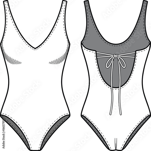 V-neck one piece swimsuit front and back view, tied back design, summer swimwear fashion, technical sketch, CAD drawing flat vector illustration.