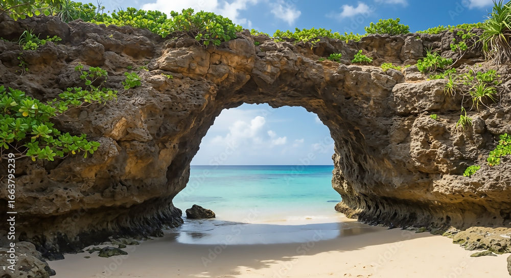 Fototapeta premium Stunning Rock Archway Overlooking Turquoise Ocean and White Sand Beach