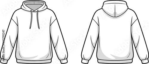 White hoodie vector, casual sweatshirt design, pullover with hood, drawstring detail, ribbed cuffs and hem, front and back view, comfortable streetwear, unisex clothing, fashion vector