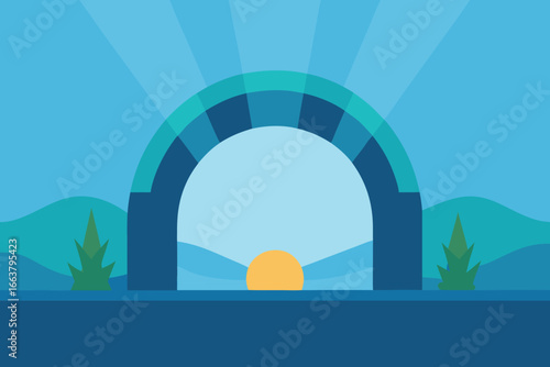 A serene landscape featuring an archway, mountains, trees, and a rising sun, rendered in a minimalist flat vector style, perfect for backgrounds
