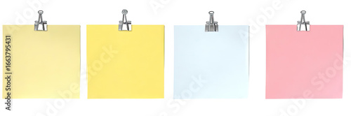 Four blank, colored notepads, each with a paperclip