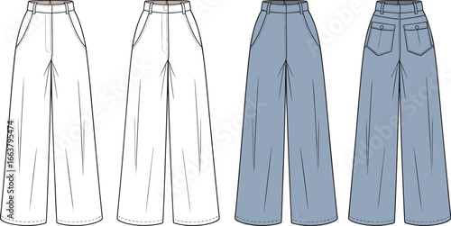 Wide leg high waist pants fashion flat sketch, front and back view, vector template, casual trousers illustration, technical clothing design drawing, apparel mockup