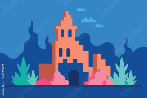 A stylized castle illustration featuring unique architecture, historical elements, and a vibrant color palette, ideal for art and design projects