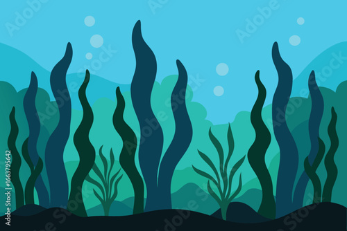 A serene underwater scene with swaying seaweed, creating a tranquil marine environment in the ocean, ideal for an aquatic nature background