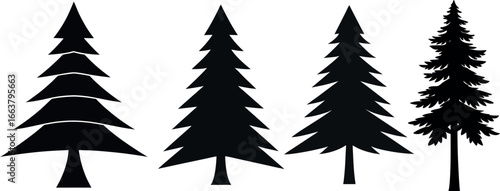 Set of pine trees silhouette. Hand drawn silhouette of fir tree. Large collection of Christmas tree silhouette. Vector illustration