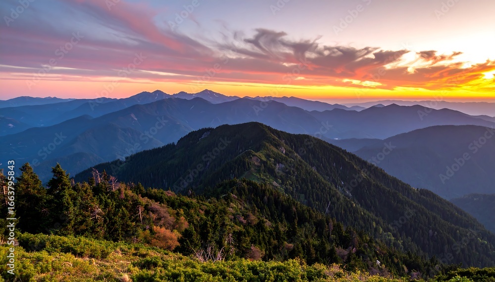 Fototapeta premium Majestic Layers: Mountain Range Vista at Colorful Sunset Hour