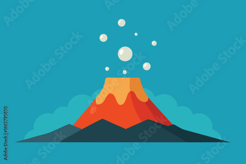 A volcano erupts, spewing lava and bubbles, with clouds surrounding the base, set against a blue sky, creating a captivating scene