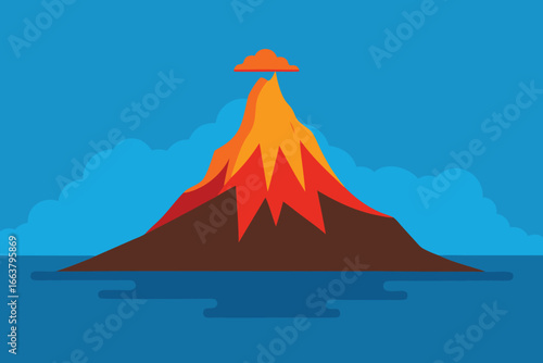 A volcano erupts, spewing lava and smoke, with a cloud hovering above, set against a blue sky and ocean, creating a dramatic landscape