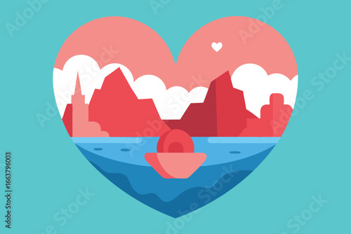 Romantic heart landscape with boat on water, mountains, and clouds, a perfect getaway for love and adventure in a serene and peaceful setting