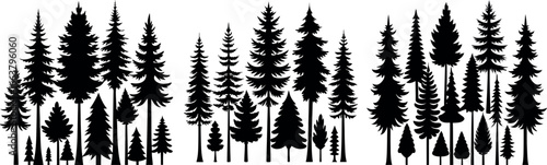 Forest tree silhouettes collection. Pine trees horizontal pattern panorama backgrounds. Vector illustration