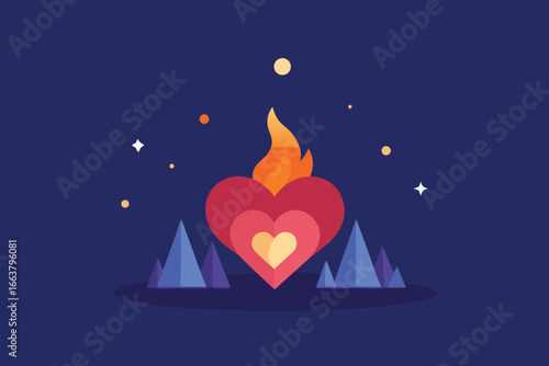 Passionate heart on fire with mountains and stars, a symbol of intense love and burning desire, perfect for valentines day and romantic cards