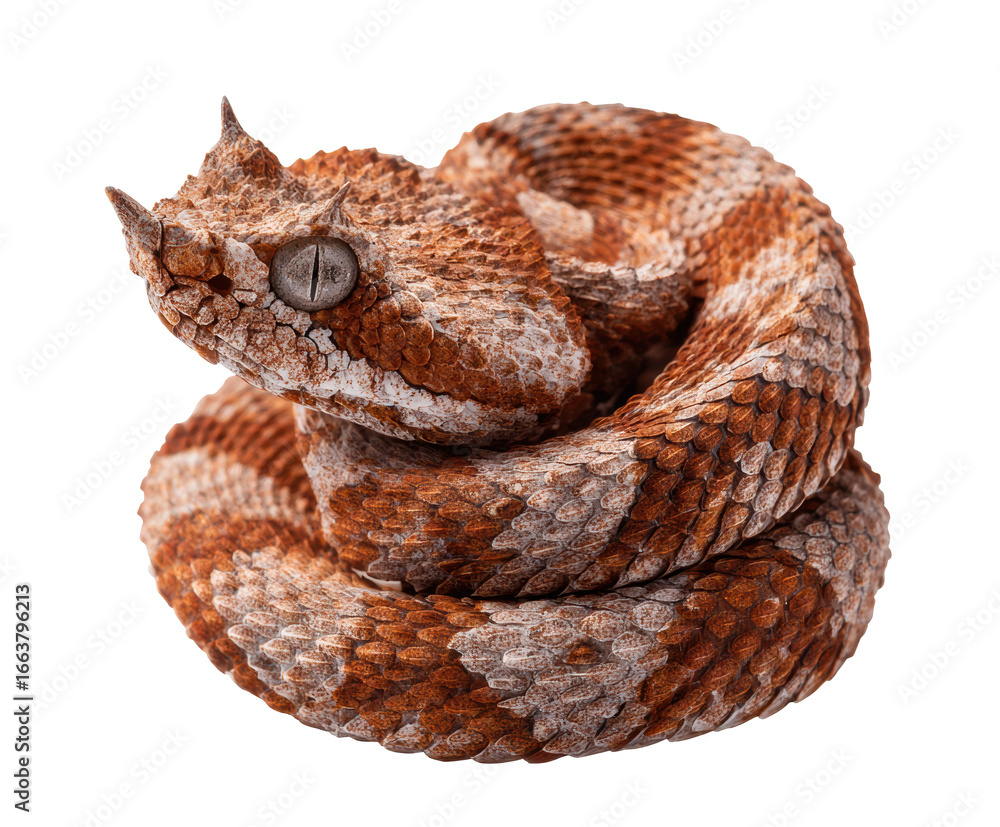 Obraz premium Unique brown and white snake coiled in natural pose on a transparent background, cut out