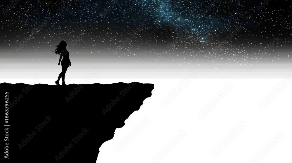 Fototapeta premium Silhouette of a lone traveler standing at the edge of a cliff, looking at the vast sky full of stars, calm and breathtaking, 