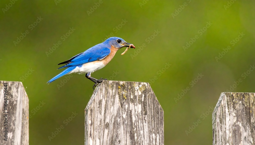Obraz premium A vibrant bluebird perches on a weathered wooden fence post, holding a worm in its beak, against a soft, out-of-focus green backdrop.