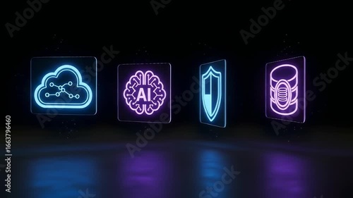 Floating Holographic Icons with Glowing Neon – Minimalistic Tech Animation
