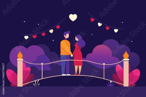 A romantic couple holding hands on a bridge at night, surrounded by hearts, trees, and lights, creating a lovely and peaceful valentines day scene