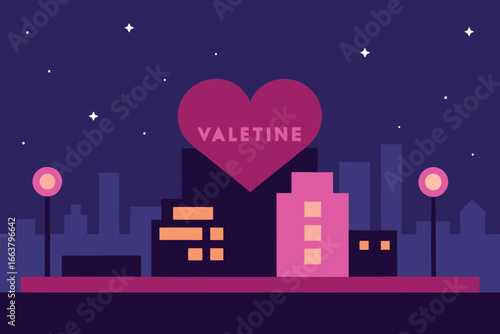 Valentines day night city skyline with heart shaped building and stars in the sky creating a romantic and urban scene for celebration