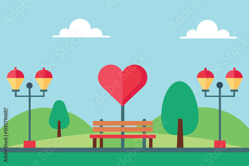 Valentines day park scene with heart shaped tree, bench, and romantic landscape creating a love filled and celebratory background design