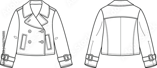 Women’s cropped trench coat, double-breasted jacket, wide collar, button closure, belted cuffs, fashion outerwear, stylish design, vector CAD drawing, flat illustration