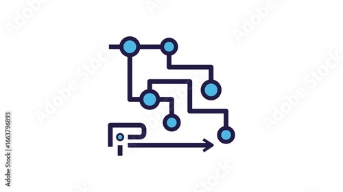 A stylized graphic of a circuit board design with connected nodes and an arrow alpha background.