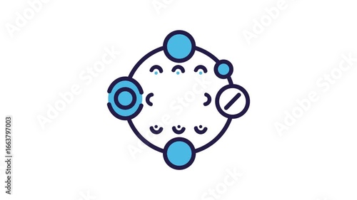 Abstract illustration featuring interconnected blue circles and semi-circles, forming a circular pattern against a white alpha background.