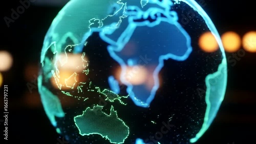 A digital representation of the world globe, illuminated with glowing, vibrant points of light, against a dark background.