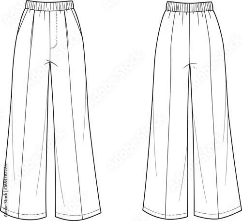 Women’s high - waist wide - leg pants CAD drawing flat vector illustration, front & back view, elastic waist, seam details, casual fit, apparel technical fashion sketch