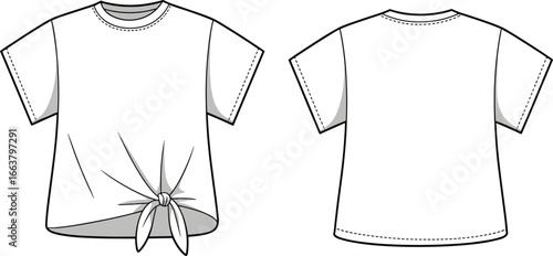 Women’s knotted crop tee CAD drawing flat vector illustration, front & back view, crew neck, short sleeves, tied hem, casual fashion apparel technical sketch