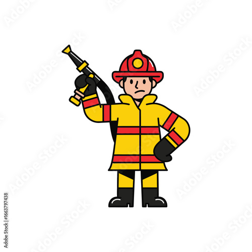 Cartoon Firefighter Ready with Hose for Emergency Response.