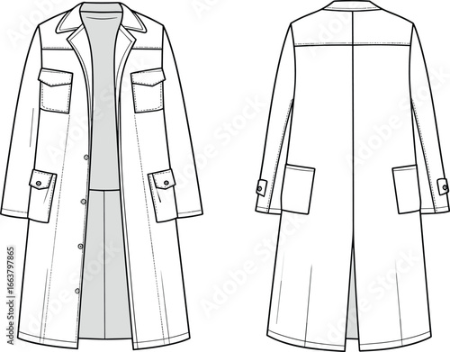 Women’s long utility coat CAD drawing flat vector illustration, front & back view, flap pockets, buttons, seam details, tailored fit, outerwear technical apparel sketch