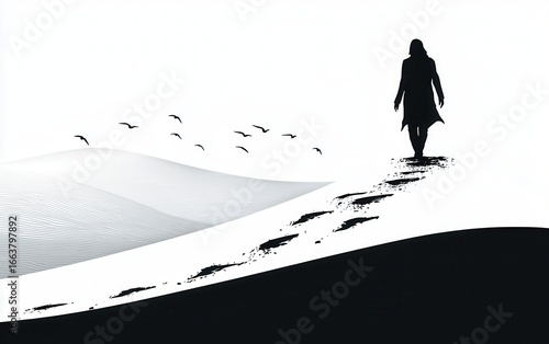 Silhouette of a person standing at the edge of a vast desert, footprints trailing behind them in the sand, journey and solitude, 