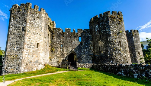 A formidable, stone castle facade stands tall against a vibrant blue sky, showcasing weathered stonework and ancient architecture.
