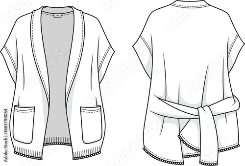 Women’s open front cardigan with belt tie back, pom-pom trim, patch pockets, short sleeves, casual loose fit, front and back views, fashion CAD technical drawing, flat vector illustration