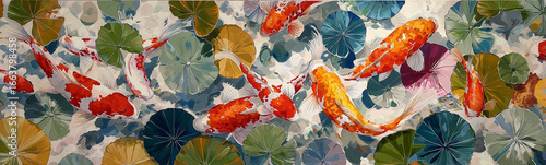 Painting of koi fish swimming among lily pads in a serene pond scene