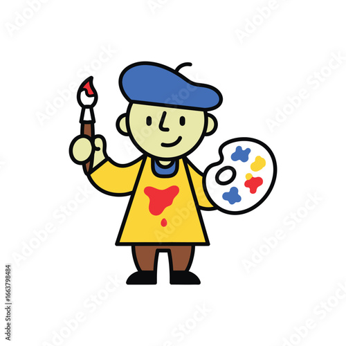 Fotografija Cartoon artist holding a paintbrush and palette with a smock and beret